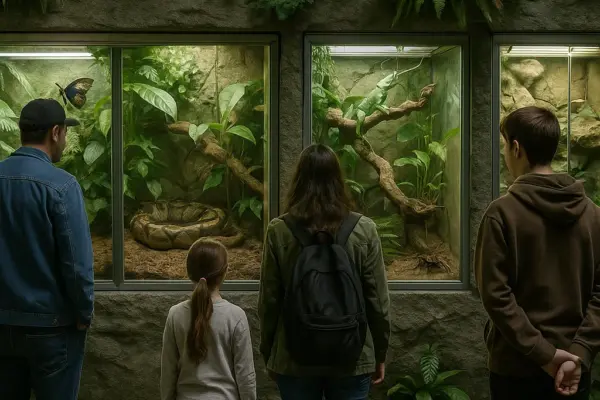 Besucher vor Terrarien mit exotischen Tieren im Schmetterlingshaus Jonsdorf