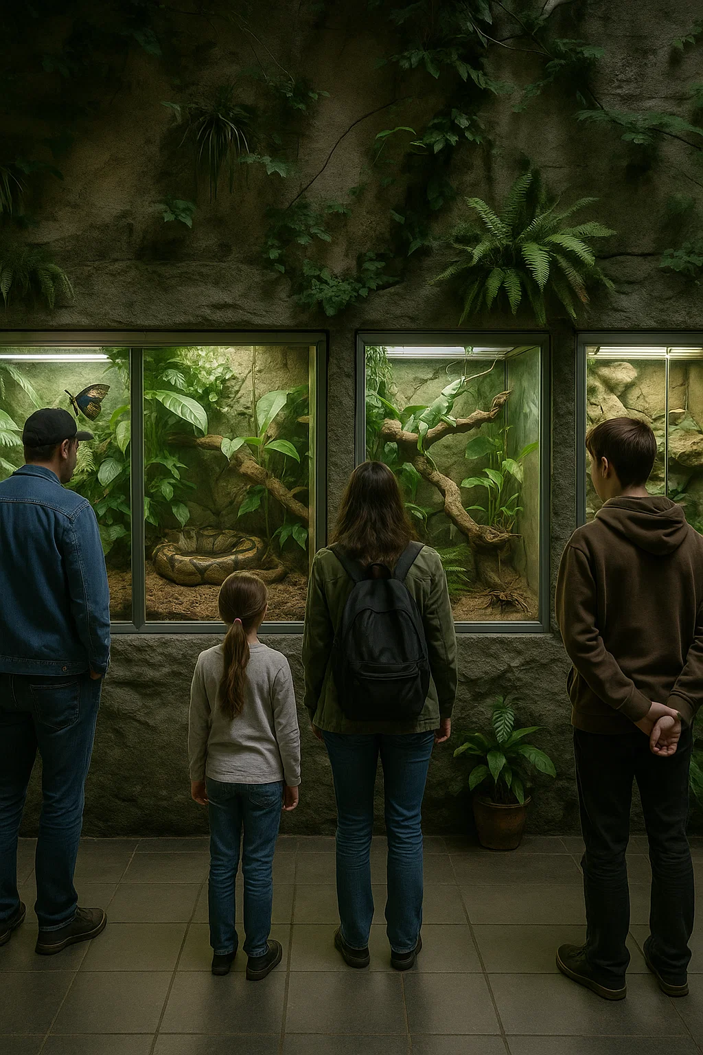 Besucher vor Terrarien mit exotischen Tieren im Schmetterlingshaus Jonsdorf