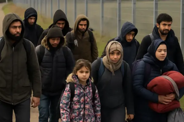 🚨 Europa am Limit: Neue Migrationswelle trifft Deutschlands Grenze Gruppe Migranten an Grenzzaun zwischen Polen und Deutschland