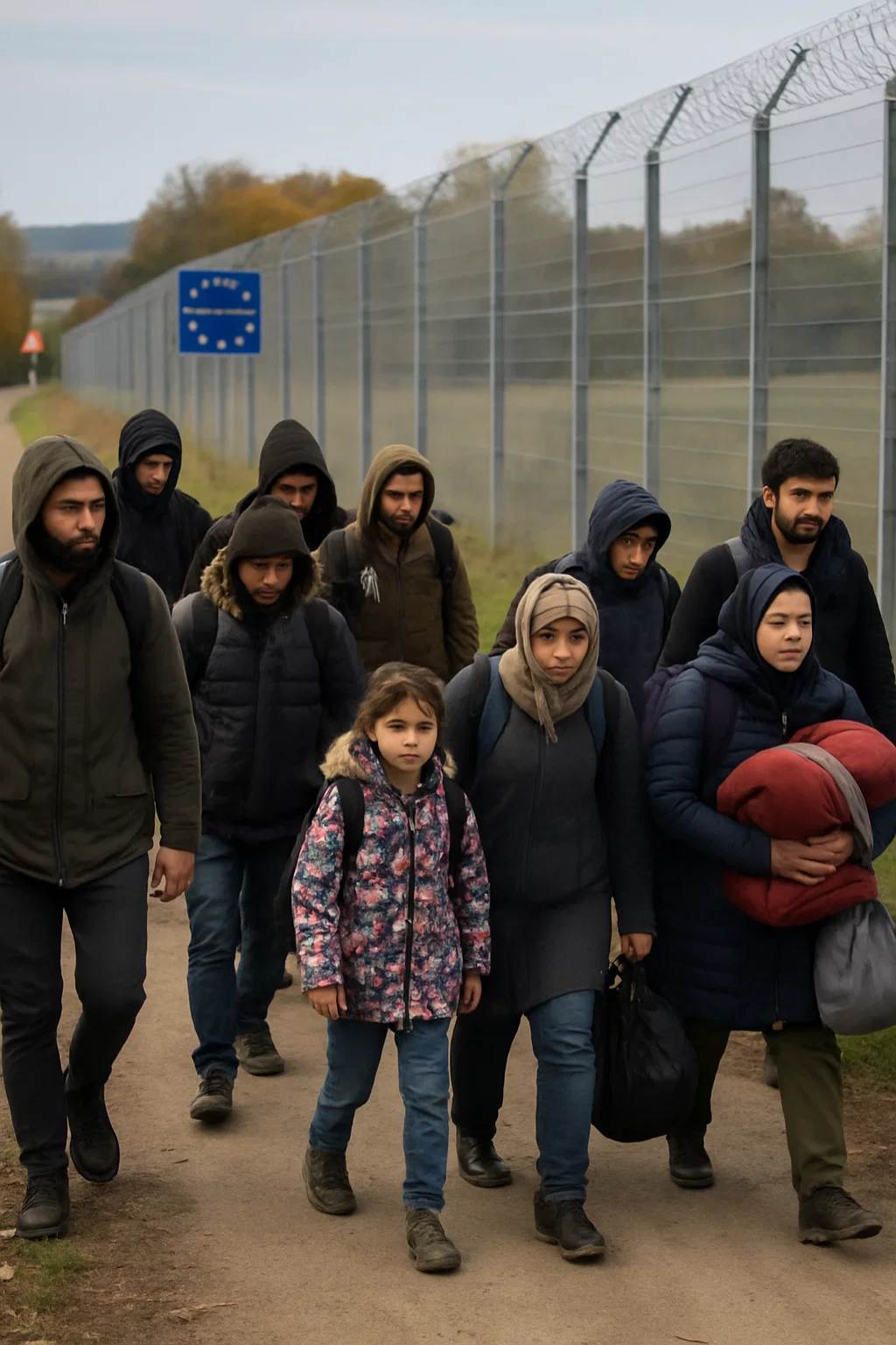 Gruppe Migranten an Grenzzaun zwischen Polen und Deutschland