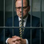 Porträt eines älteren Mannes im Anzug mit Handschellen