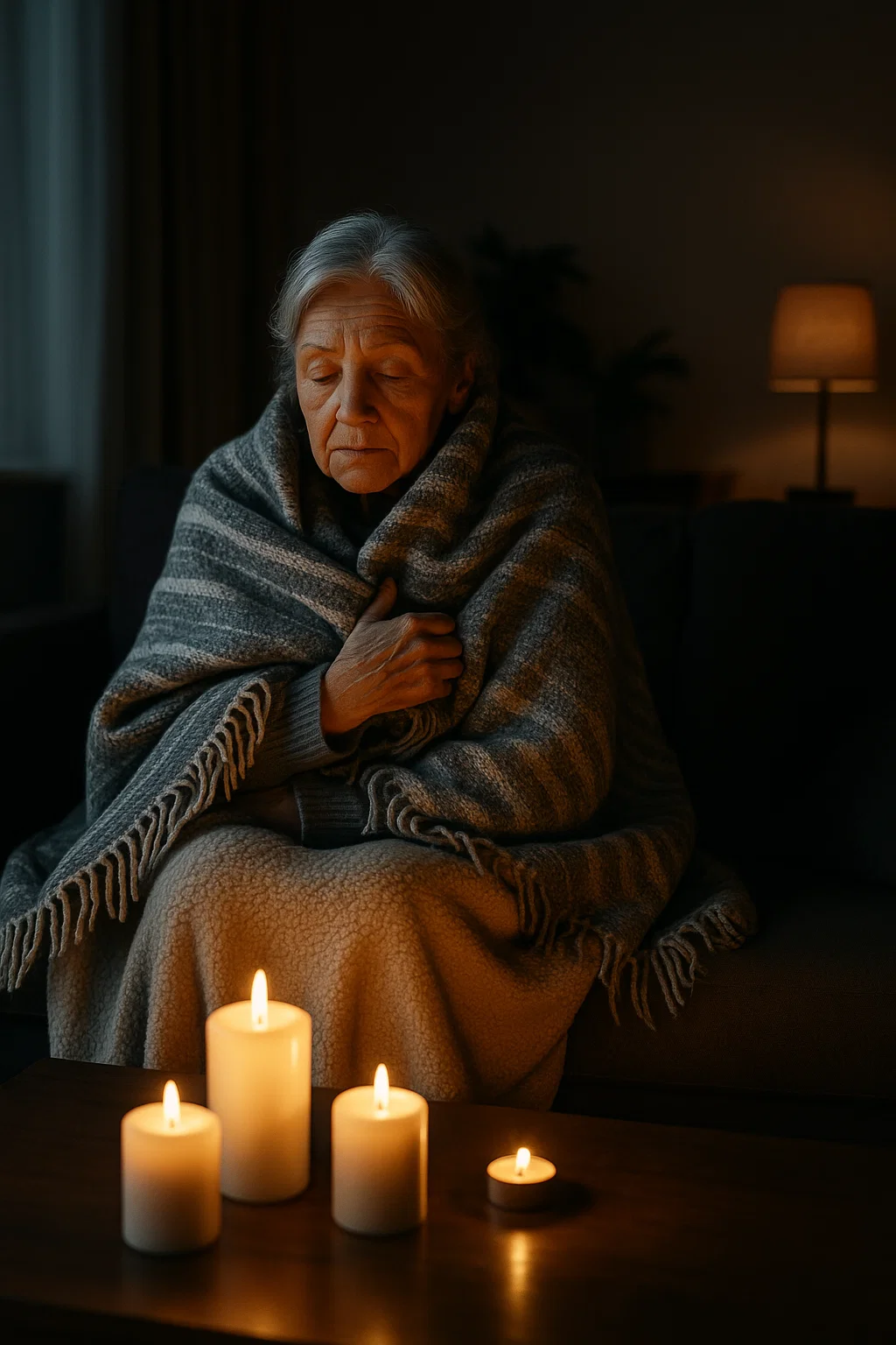 Symbolfoto: Ältere Frau sitzt mit Decken und Kerzen in dunklem Wohnzimmer – Energiesparen im Alltag