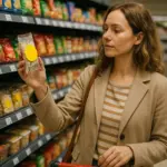 Symbolbild: Frau steht vor Supermarktregal und greift zu reduziertem Produkt mit gelbem Aufkleber