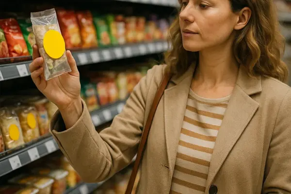 🛒 „Ich kaufe nur noch gelbe Aufkleber“: Immer mehr Menschen sparen im Supermarkt – weil sie müssen Symbolbild: Frau steht vor Supermarktregal und greift zu reduziertem Produkt mit gelbem Aufkleber