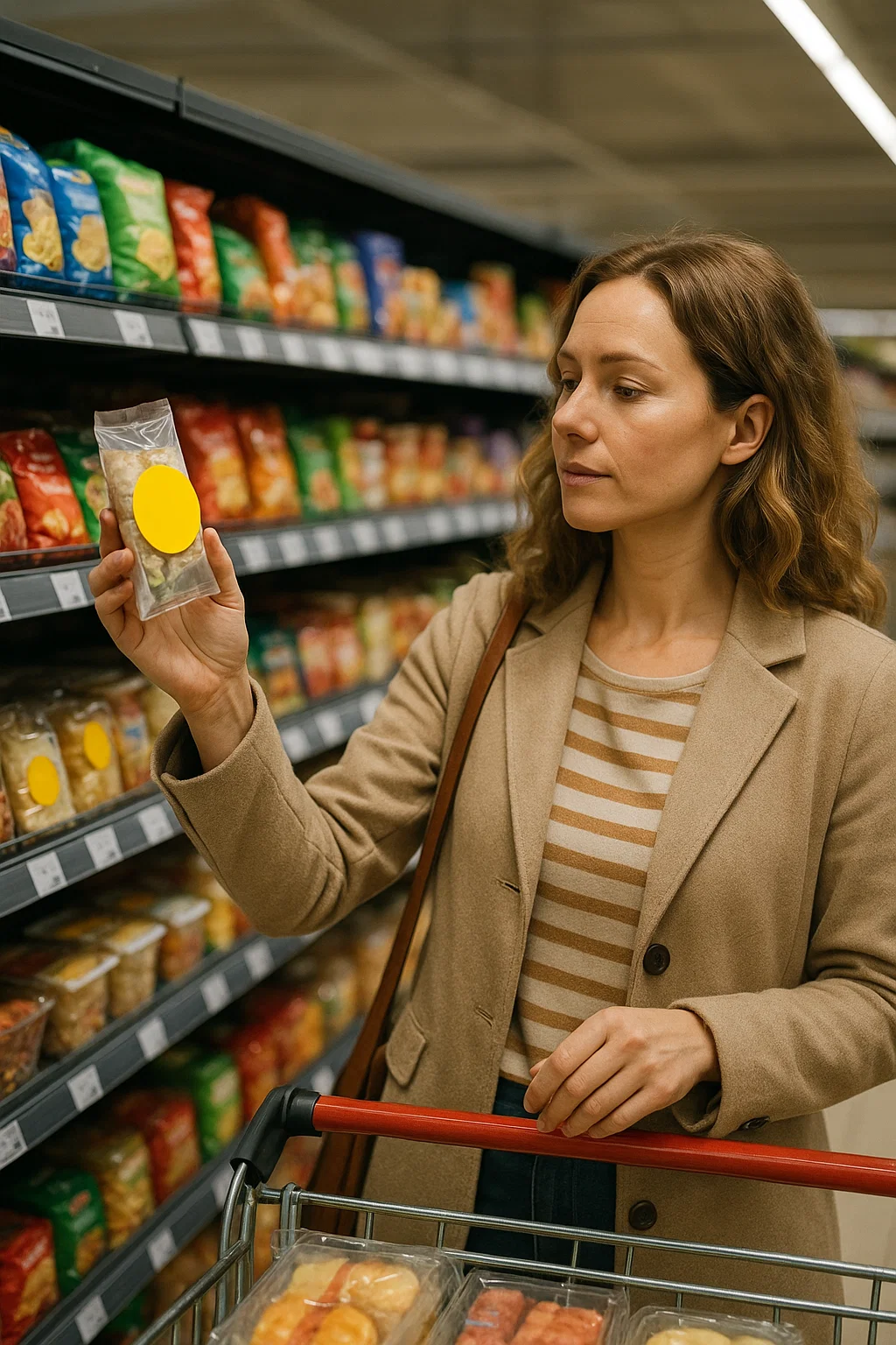 Symbolbild: Frau steht vor Supermarktregal und greift zu reduziertem Produkt mit gelbem Aufkleber