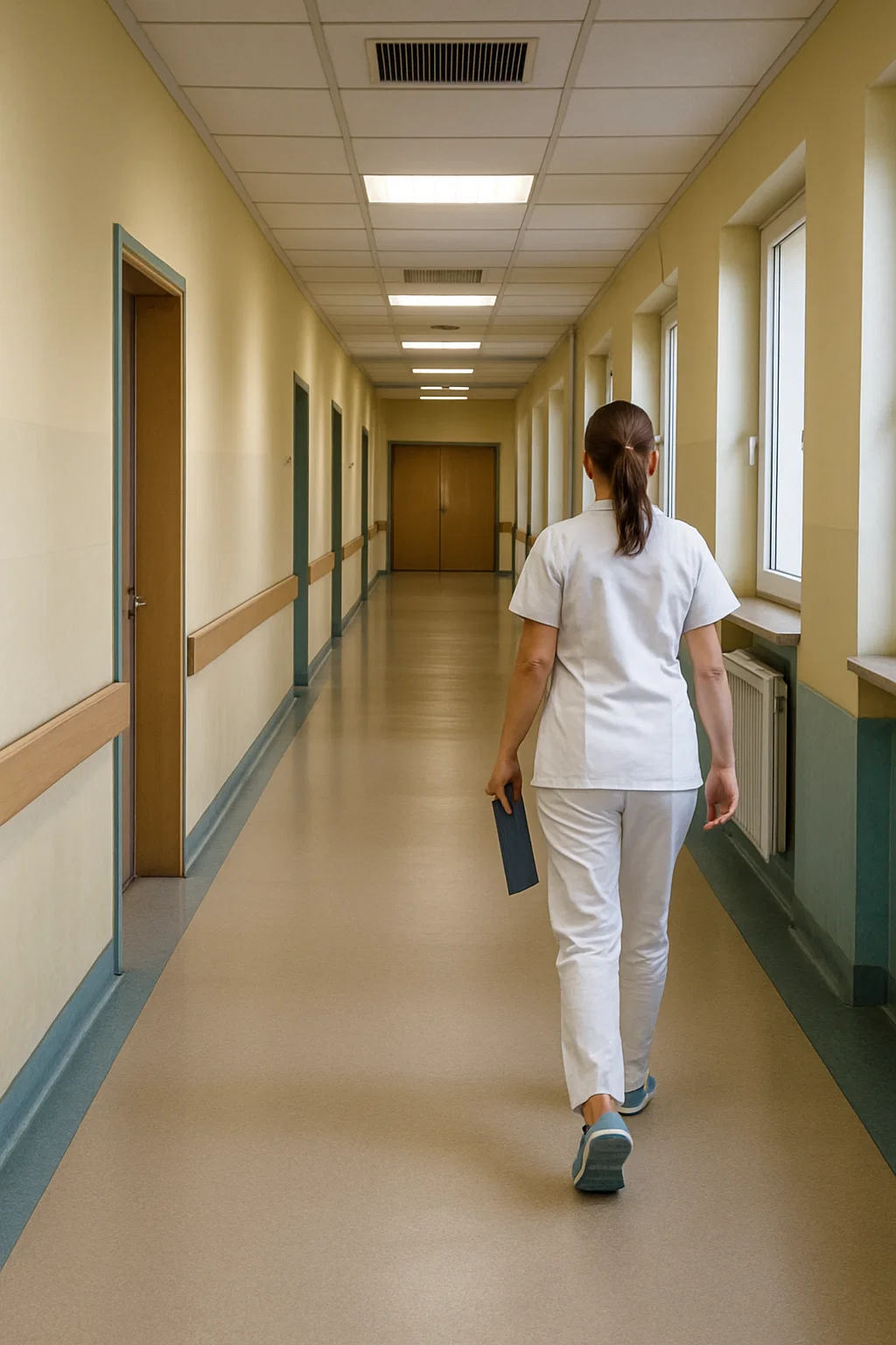 Symbolbild: Pflegekraft verlässt tschechisches Krankenhaus – Blick auf leeren Klinikflur