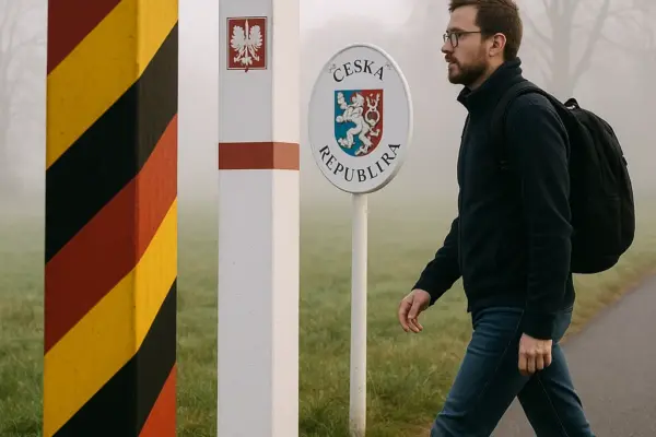 🚧 Pendeln im Dreiländereck: „Wir arbeiten in Deutschland, leben in Tschechien – und verlieren überall“ Symbolbild: Grenzpendler auf dem Weg zur Arbeit – Fußgänger an Grenzpfosten im Dreiländereck bei Zittau