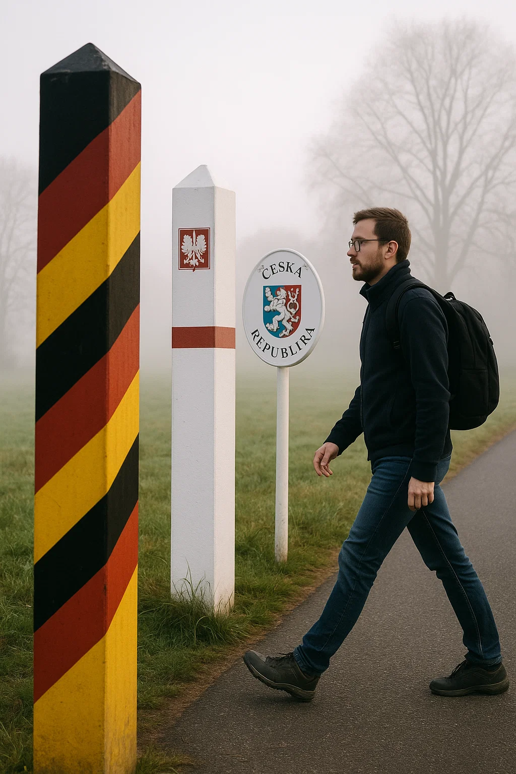 Symbolbild: Grenzpendler auf dem Weg zur Arbeit – Fußgänger an Grenzpfosten im Dreiländereck bei Zittau