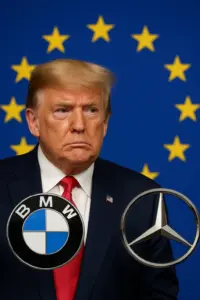 Symbolbild: BMW- und Mercedes-Logos vor EU-Flagge – Konflikt um Trump-Zölle