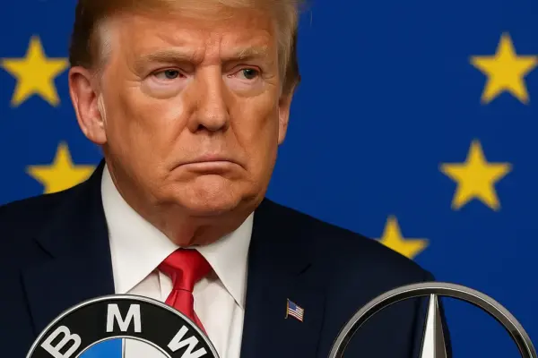 🇺🇸 Heikler Trump-Deal: EU-Staaten werfen BMW und Mercedes „Verrat“ vor Symbolbild: BMW- und Mercedes-Logos vor EU-Flagge – Konflikt um Trump-Zölle