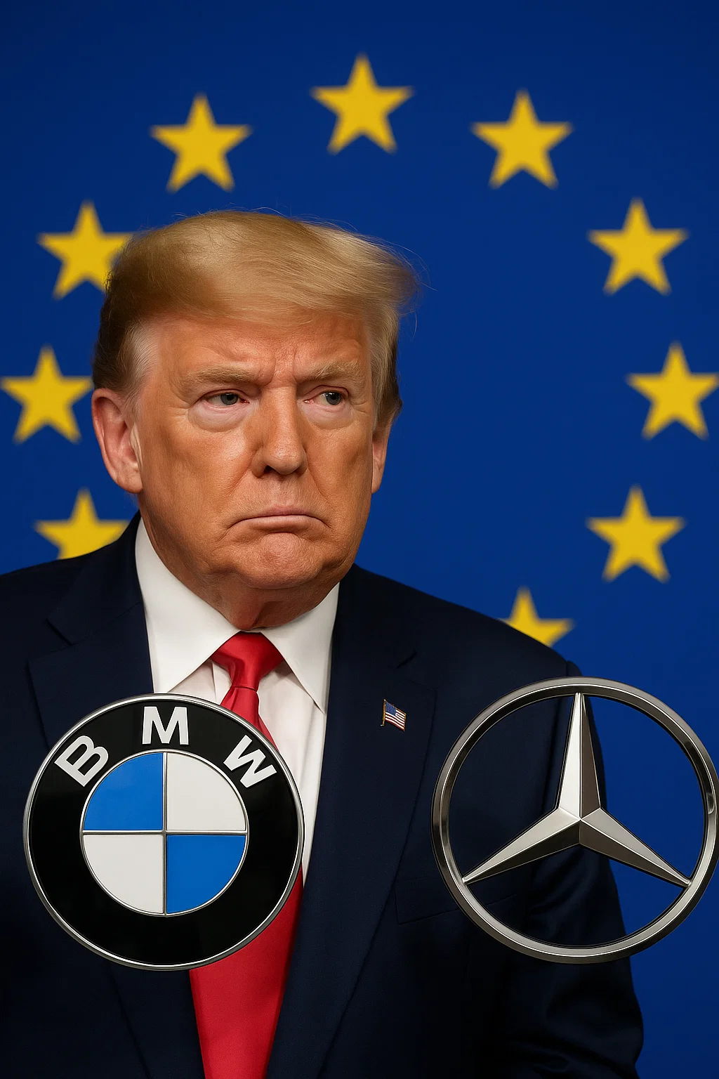 Symbolbild: BMW- und Mercedes-Logos vor EU-Flagge – Konflikt um Trump-Zölle