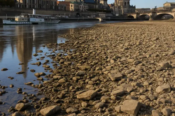 🌊 Elbe-Krise: Historisch niedrigster Pegel – Schifffahrt und Fährverkehr stehen still Elbe in Dresden bei Niedrigwasser – freigelegter Flussboden mit rostiger Kette