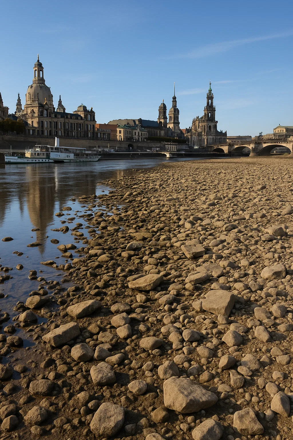 Elbe in Dresden bei Niedrigwasser – freigelegter Flussboden mit rostiger Kette