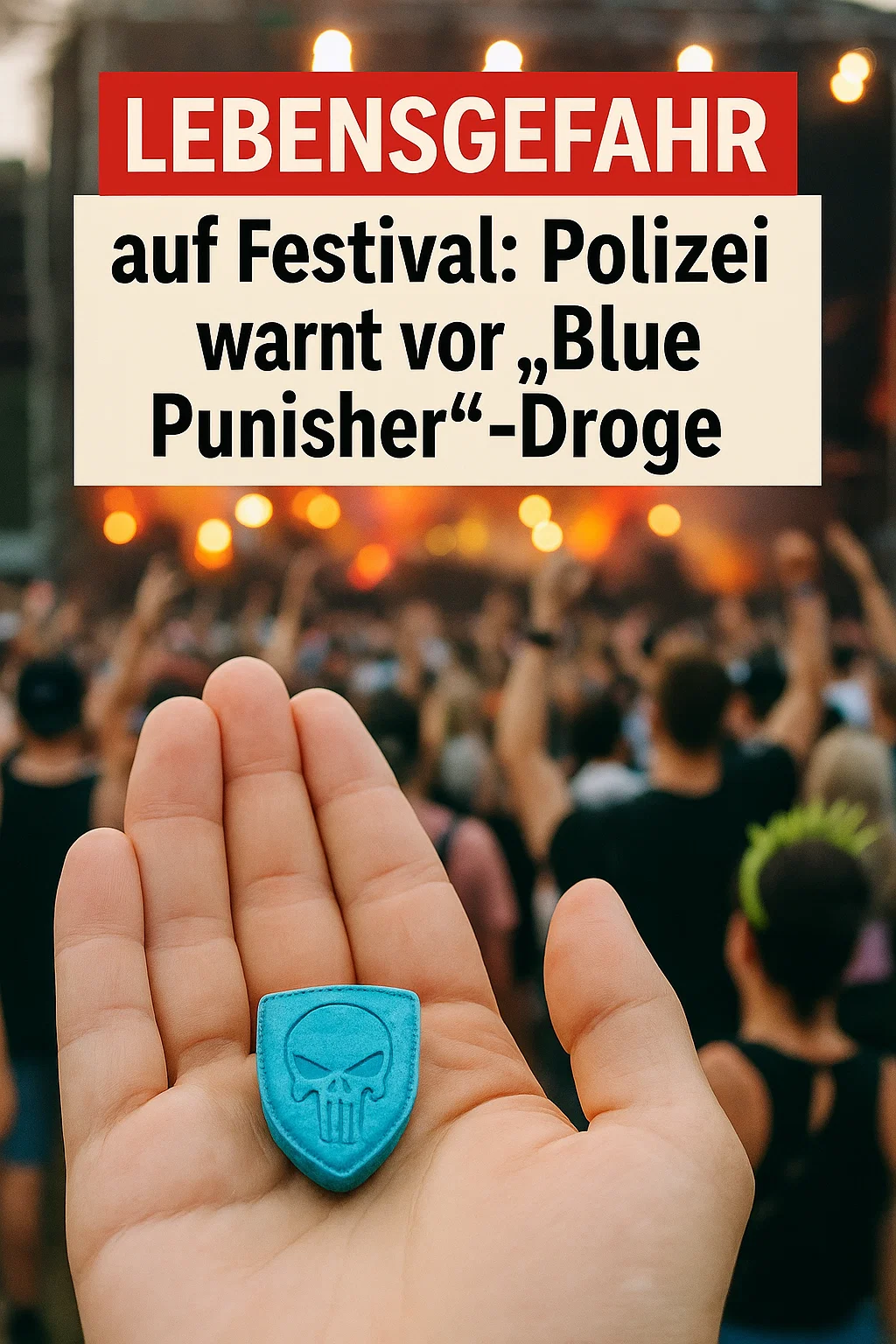 Symbolbild: Blaue, diamantförmige Pille mit Totenkopf – „Blue Punisher“-Warnung