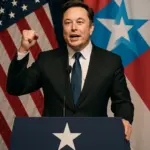 Elon Musk bei der Ankündigung seiner neuen Partei "America Party", politische Bühne USA
