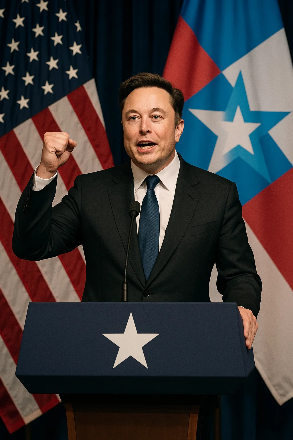 Elon Musk bei der Ankündigung seiner neuen Partei "America Party", politische Bühne USA