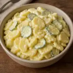 Hausgemachter DDR-Kartoffelsalat mit Mayo, Gurken und Zwiebeln in einer Glasschüssel