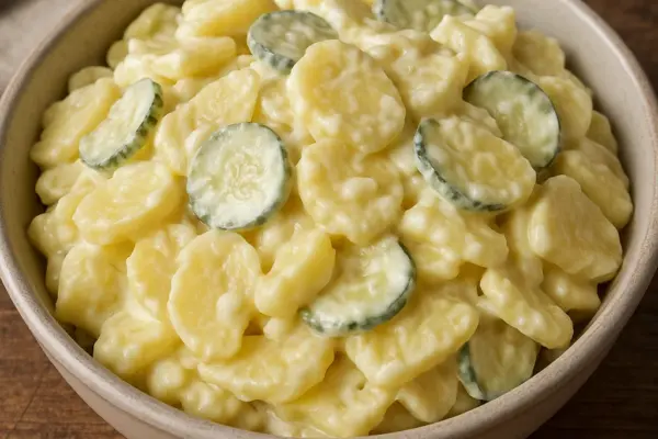 🥔 Omas Kartoffelsalat nach DDR-Tradition Hausgemachter DDR-Kartoffelsalat mit Mayo, Gurken und Zwiebeln in einer Glasschüssel