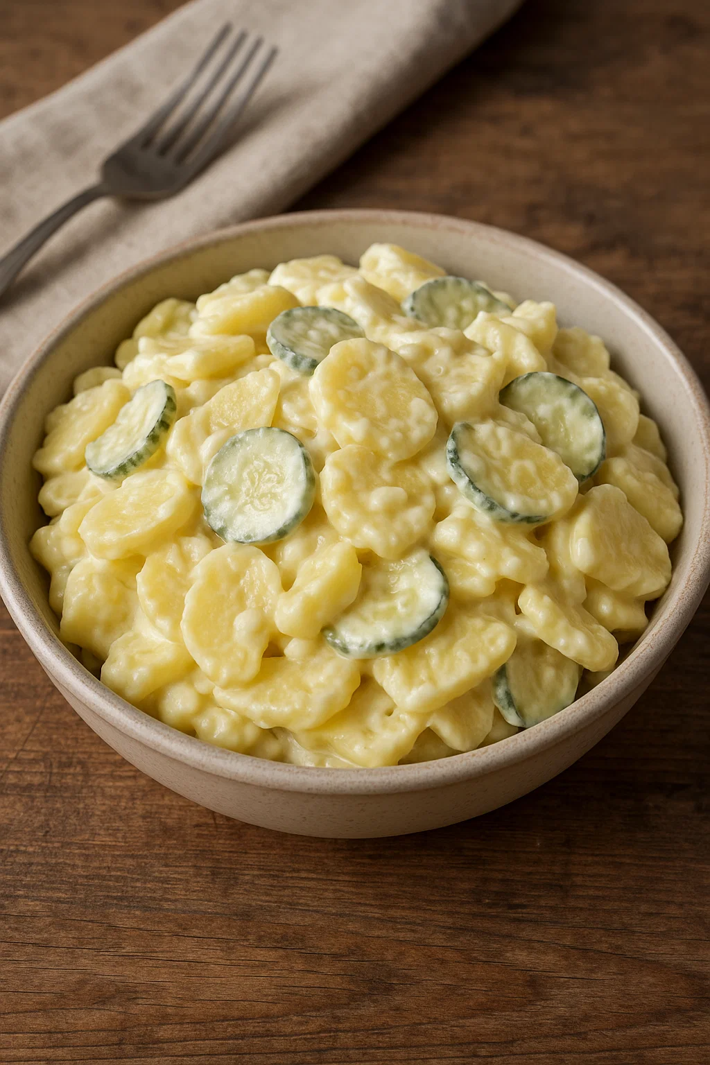 Hausgemachter DDR-Kartoffelsalat mit Mayo, Gurken und Zwiebeln in einer Glasschüssel