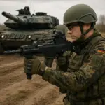Soldat der Bundeswehr in taktischer Ausrüstung mit Fahrzeug im Hintergrund