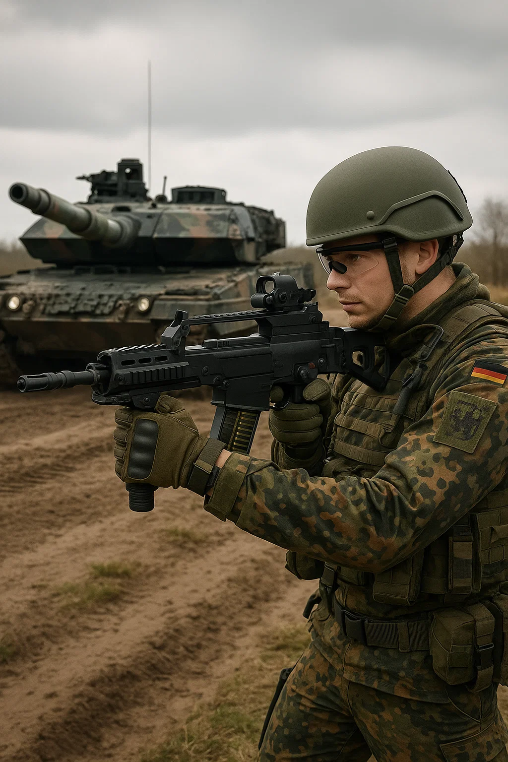 Soldat der Bundeswehr in taktischer Ausrüstung mit Fahrzeug im Hintergrund