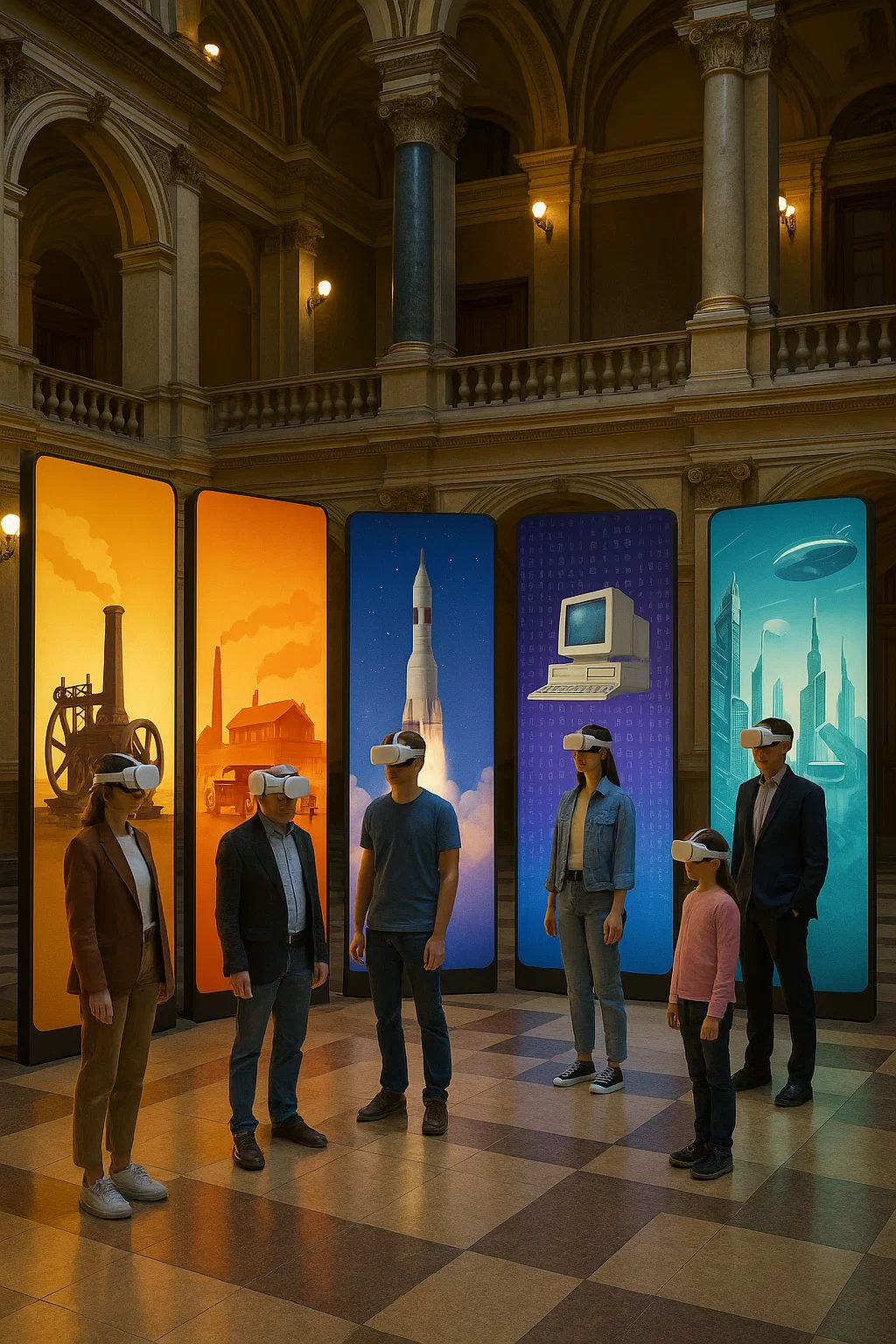 Besucher mit VR-Brille erleben eine Zeitreise durch die Geschichte im Nationalmuseum Prag