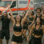 Tanzende Menschen im Regen bei Rave The Planet 2025 in Berlin – Notarztwagen im Hintergrund