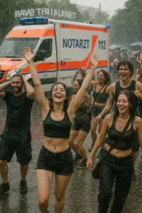 Tanzende Menschen im Regen bei Rave The Planet 2025 in Berlin – Notarztwagen im Hintergrund