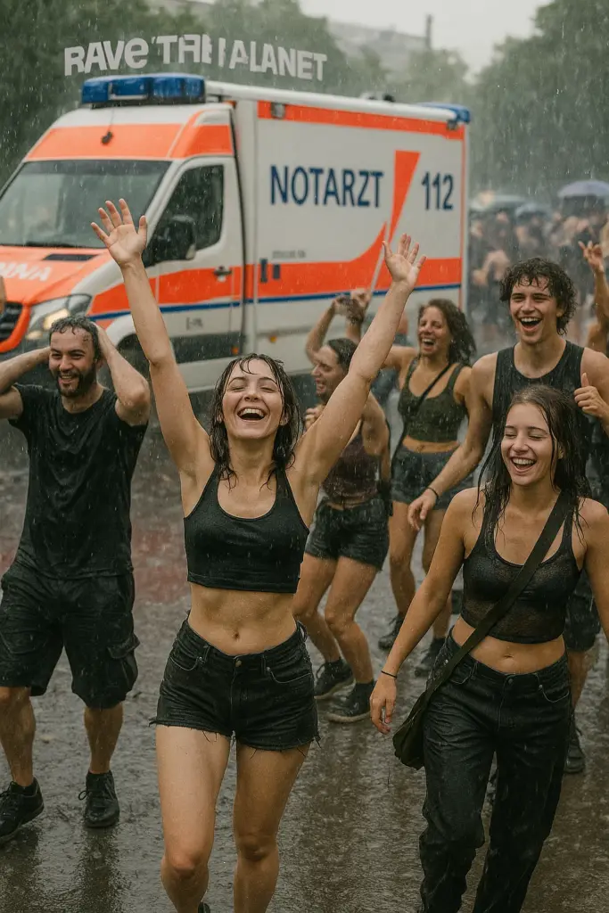 Tanzende Menschen im Regen bei Rave The Planet 2025 in Berlin – Notarztwagen im Hintergrund