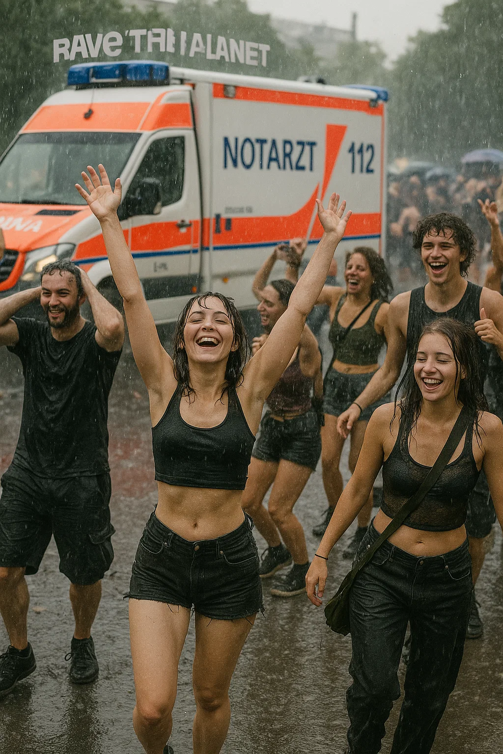 Tanzende Menschen im Regen bei Rave The Planet 2025 in Berlin – Notarztwagen im Hintergrund
