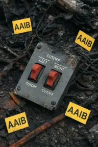 Wrackteil eines Flugzeugs mit Treibstoffschaltern – Air India Absturz 2025“