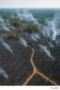 Verbrannte Fläche nach dem größten Waldbrand in Sachsen in der Gohrischheide bei Zeithain
