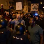 Polizisten sichern eine migrantenfeindliche Demonstration in Torre Pacheco, Südspanien