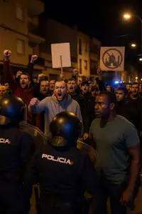 Polizisten sichern eine migrantenfeindliche Demonstration in Torre Pacheco, Südspanien
