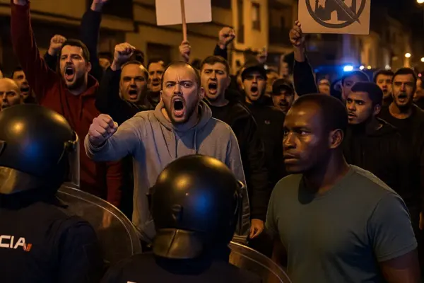 🚨 Rechte Hetze nach Angriff auf Rentner – Südspanische Stadt erlebt Gewalt gegen Migranten Polizisten sichern eine migrantenfeindliche Demonstration in Torre Pacheco, Südspanien
