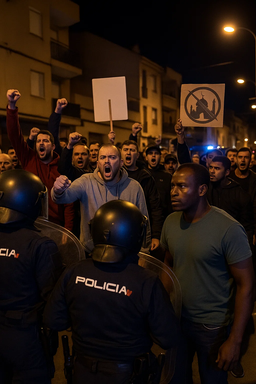 Polizisten sichern eine migrantenfeindliche Demonstration in Torre Pacheco, Südspanien