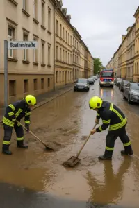 Feuerwehr hebt Gullydeckel nach Überflutung auf der Goethestraße in Zittau
