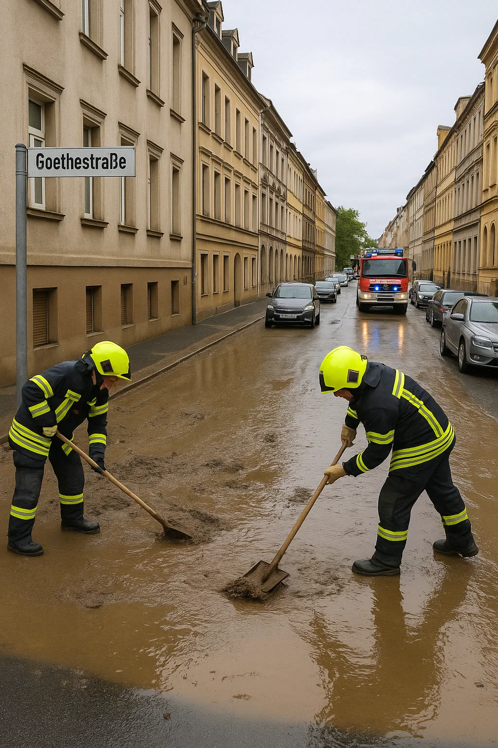 Feuerwehr hebt Gullydeckel nach Überflutung auf der Goethestraße in Zittau
