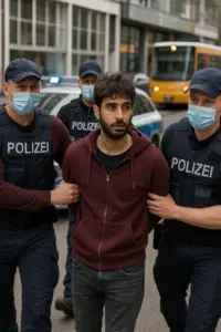 Polizisten führen einen festgenommenen Entführer in Warschau ab – im Fall der Entführung eines Syrers aus Stuttgart