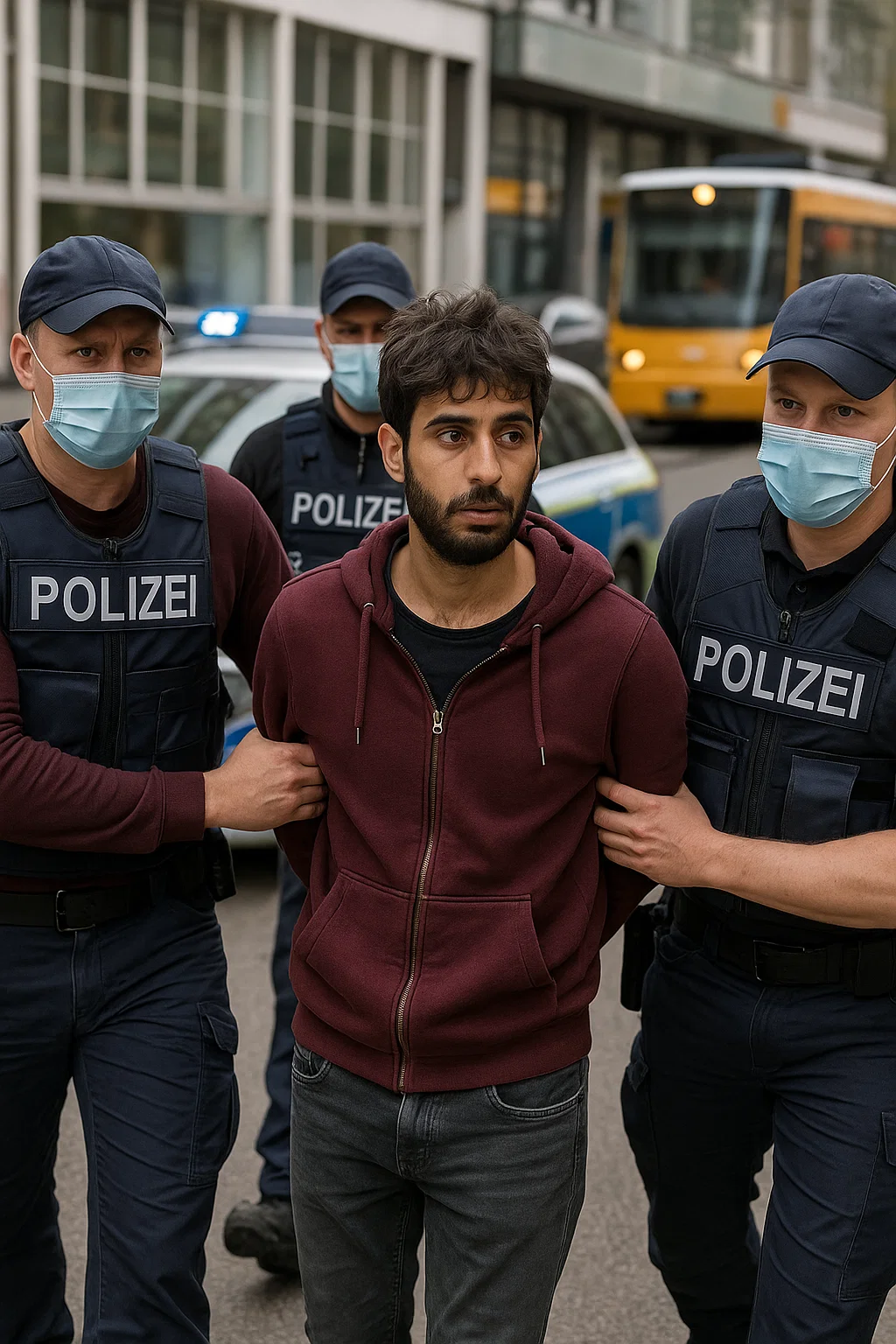 Polizisten führen einen festgenommenen Entführer in Warschau ab – im Fall der Entführung eines Syrers aus Stuttgart