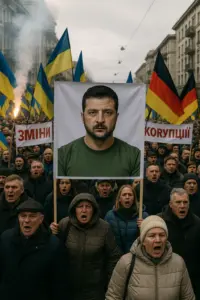 Demonstranten mit ukrainischen Flaggen und Transparenten vor dem Regierungsgebäude in Kiew bei Protesten gegen Korruptionsreform