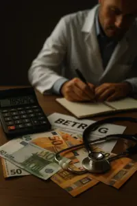 Symbolbild: Arzt oder Pflegekraft bei der Arbeit mit Dokumenten und Krankenkassenkarte – Thema Abrechnungsbetrug im Gesundheitswesen