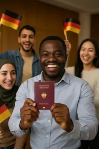 Balkendiagramm zeigt die Einbürgerungszahlen 2024 in Deutschland: Syrien führt mit rund 75.500 Einbürgerungen, gefolgt von der Türkei mit 48.000 und dem Irak mit 26.500. Weitere Herkunftsländer sind Rumänien, Afghanistan und andere