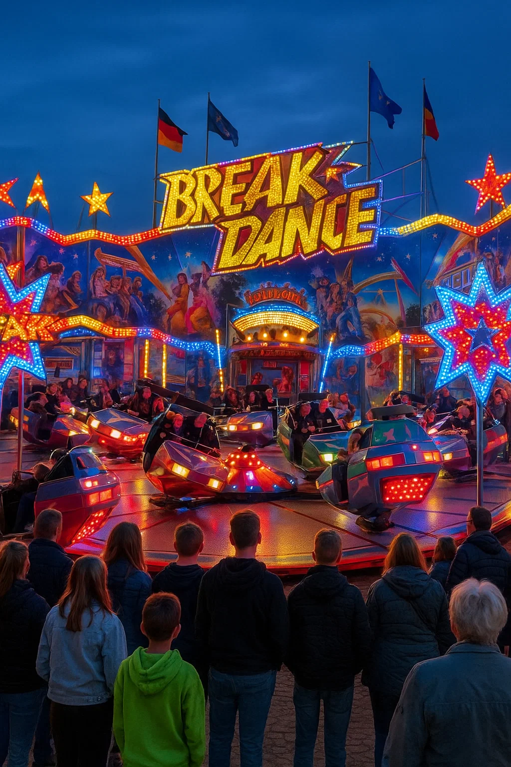 Beleuchtetes Fahrgeschäft Break Dance mit bunten Lichtern auf dem Jacobimarkt in Neugersdorf 2025