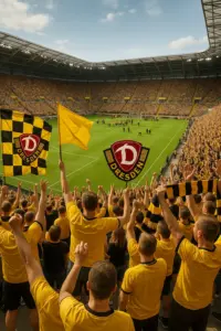 Fans von Dynamo Dresden feiern mit Fahnen, Pyrotechnik und Gesängen im Stadion zur Saisoneröffnung