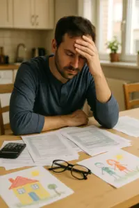Ein gestresster Familienvater am Küchentisch, umgeben von Steuerunterlagen und Kinderzeichnungen – Symbolbild für die finanzielle Belastung arbeitender Eltern in Deutschland