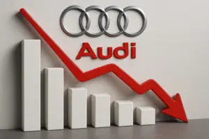 Audi-Logo vor Werkstor – Symbolbild für wirtschaftliche Schwierigkeiten 2025