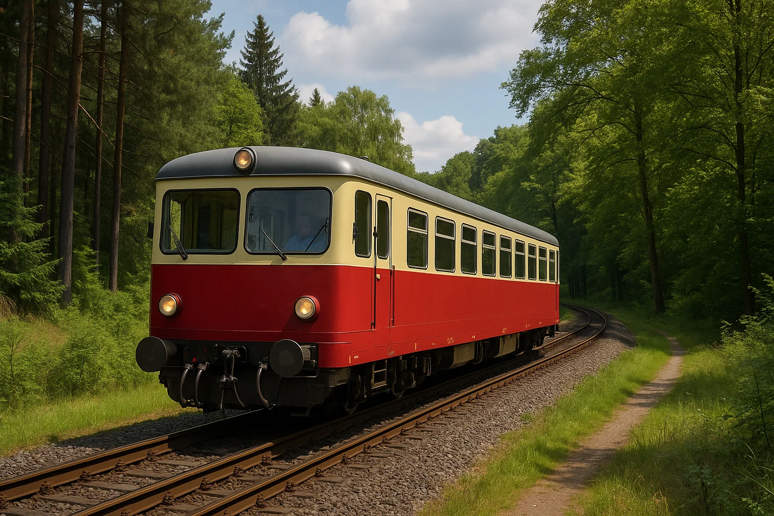 Dieseltriebwagen der Zittauer Schmalspurbahn auf der Strecke zwischen Oybin und Jonsdorf“