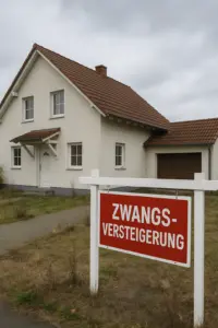 wangsversteigerungsschild vor einem Einfamilienhaus in Sachsen