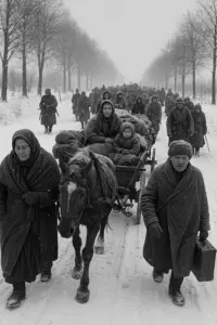 Flüchtlingskolonne bei Schnee und Kälte auf einem Feldweg in Ostpreußen 1945